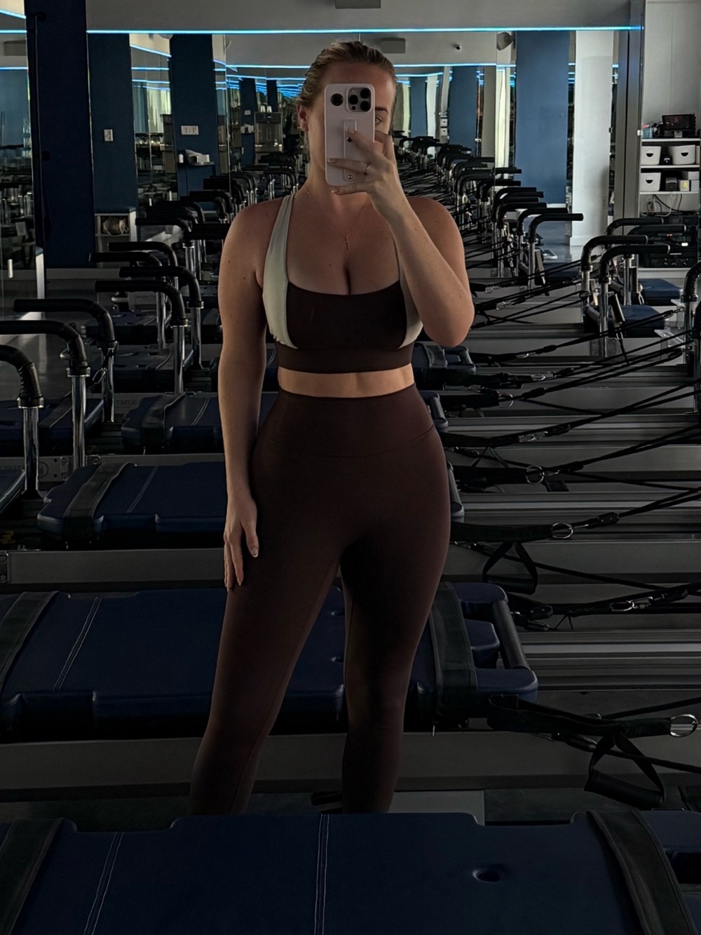 Monday Swimwear Brown and Cream Sports Bra & Legging Set